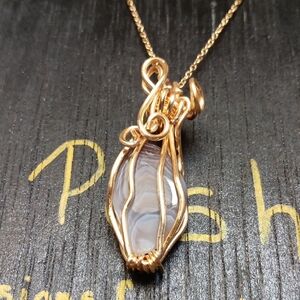 Gold Wire Wrapped Grey Agate Necklace